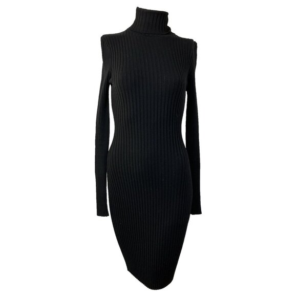 S Wolford Ribbed Neck Stretch Turtleneck Dress Black Bodycon Pencil Wool Blend - Picture 1 of 6